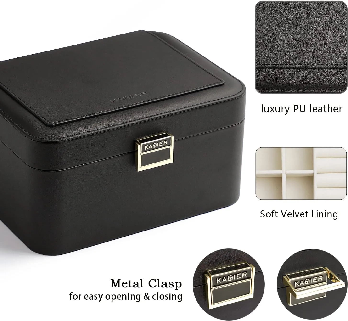 KAMIER Jewelry Box,2 Layer Jewelry Organizer for Earrings Bracelets Rings Necklaces,Luxury Leather & Soft Velvet Lined,Gift Box Packaging,Black