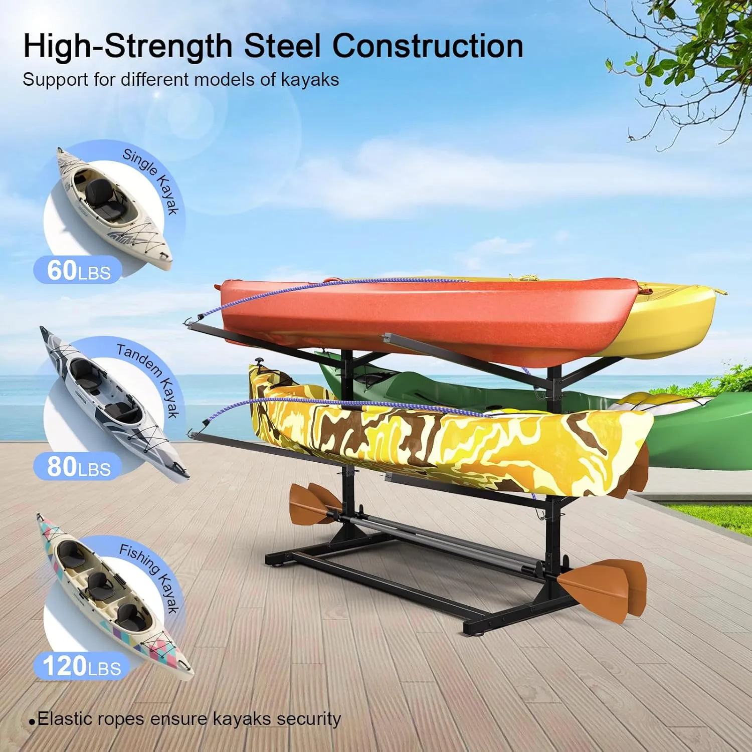 Kayak Storage Rack, Adjustable Heavy Duty Kayak Racks for Garage and Outdoor Storage, Freestanding Storage Rack for Kayak, Canoe, Surfboard & Paddleboard