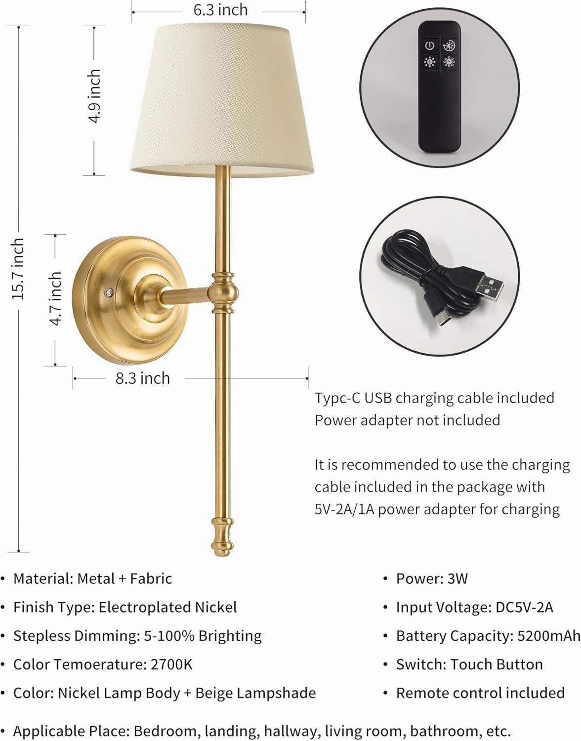 KDG Cordless Wall Sconces Set of 2, Small Wireless 5200mAh Rechargeable Battery Fabric LED Wall Lamps, Portables Lightings for Wall Painting, Living Room, Bedroom, Hallway, Gifts, Night Light (Gold)