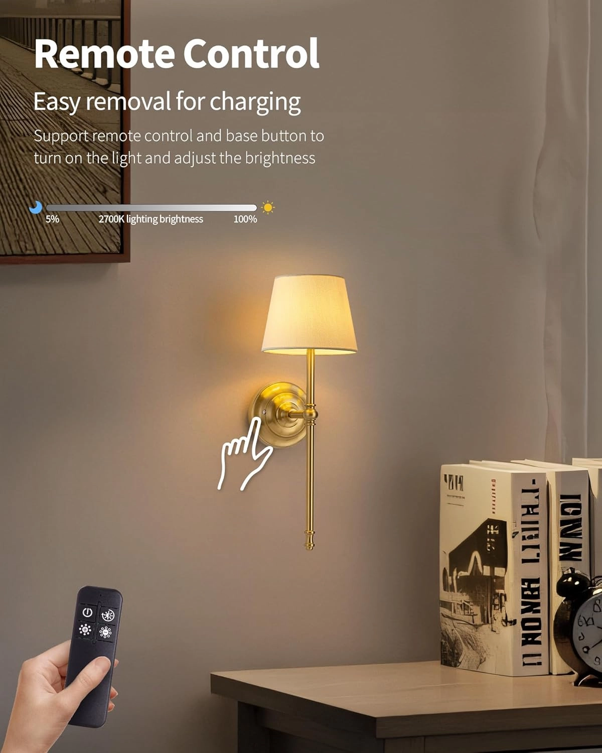 KDG Cordless Wall Sconces Set of 2, Small Wireless 5200mAh Rechargeable Battery Fabric LED Wall Lamps, Portables Lightings for Wall Painting, Living Room, Bedroom, Hallway, Gifts, Night Light (Gold)