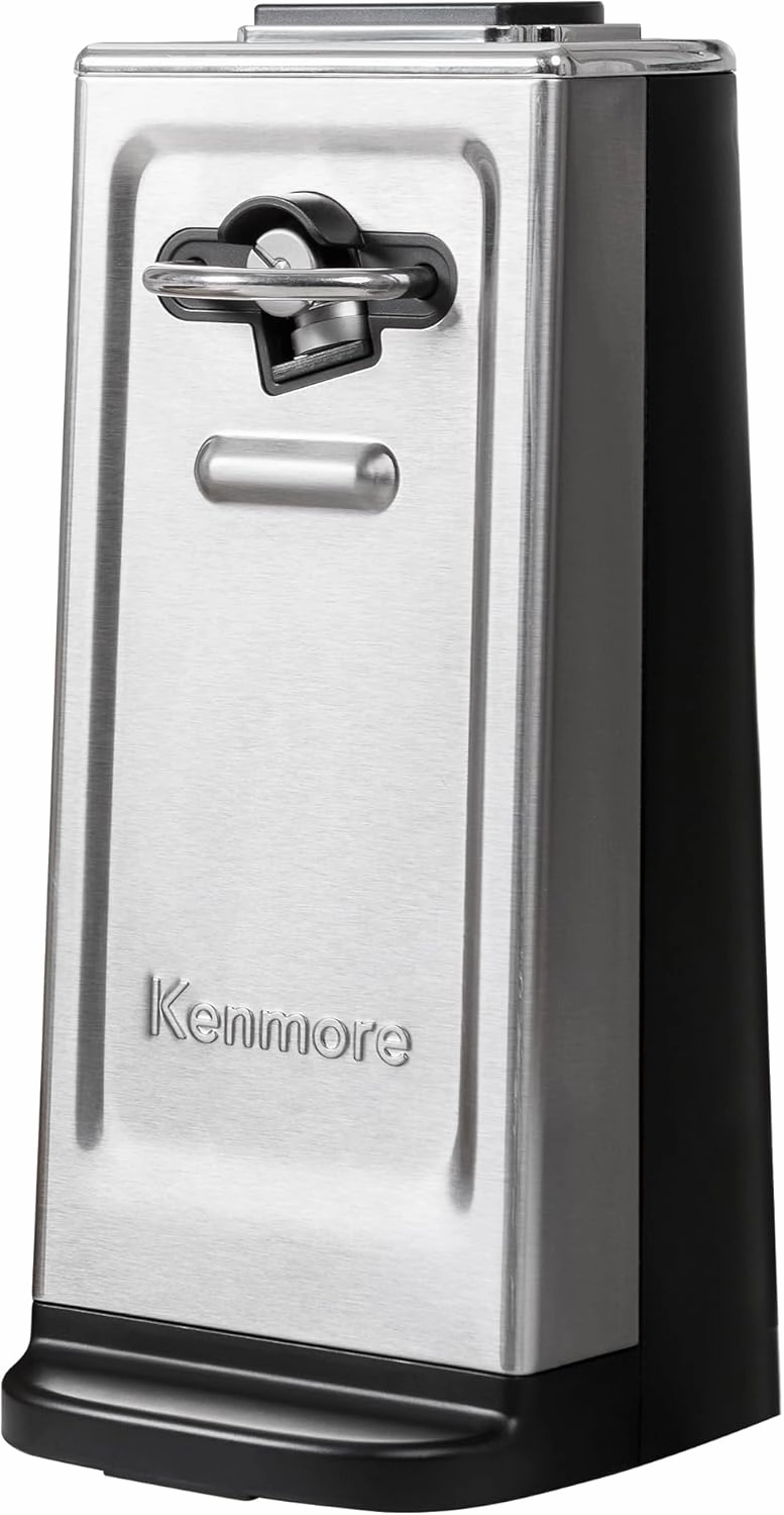 Kenmore Smooth Edge Electric Can Opener Extra Tall Stainless Steel One Touch Side Cut Blade Opens Regular & Pop Top Cans Safe Easy Compact Durable Silver Black