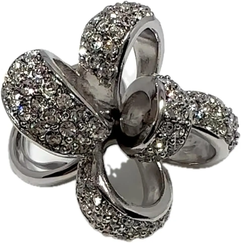 Kenneth Jay Lane, Rhodium & Rhinestone Bow Clip Earrings and Statement Ring