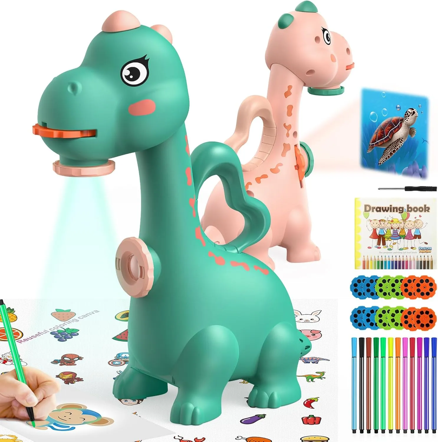 KETIEE Dinosaur Drawing Projector Toys for Ages 5-7 Tracing and Drawing Projector for Kids with Two Projector Heads, Smart Art Sketcher Projector with 96 Stencils, Toddler Toys for Boys (Green)
