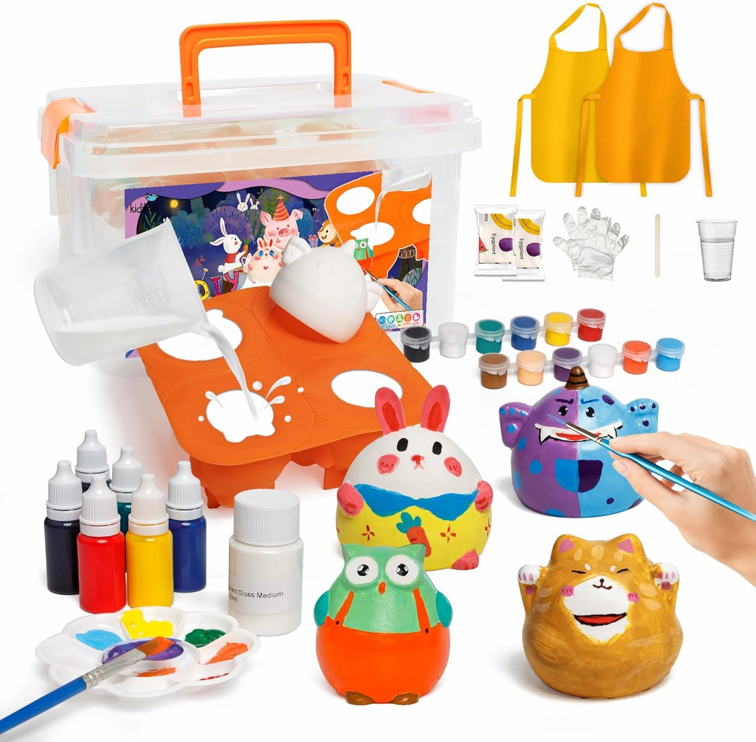 Kiditos DIY 3D Plaster Painting Toy Set,Paint Your Own Figurines,Ideal Birthday Gift for Kids 3 ,Creative Arts and Crafts STEM Activities,Ceramic Ornaments with 12 Colors Acrylic,2 Tablecloth&3 Aprons