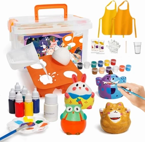 Kiditos DIY 3D Plaster Painting Toy Set,Paint Your Own Figurines,Ideal Birthday Gift for Kids 3 ,Creative Arts and Crafts STEM Activities,Ceramic Ornaments with 12 Colors Acrylic,2 Tablecloth&3 Aprons