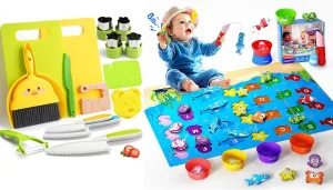 Kids Cooking Set for Real & Cloth Fishing Toys-Safe Pretend Play Cutting Food & Fishing Game for Toddlers, Montessori Learning Toys for Preschool Boys & Girls Ages 3-8