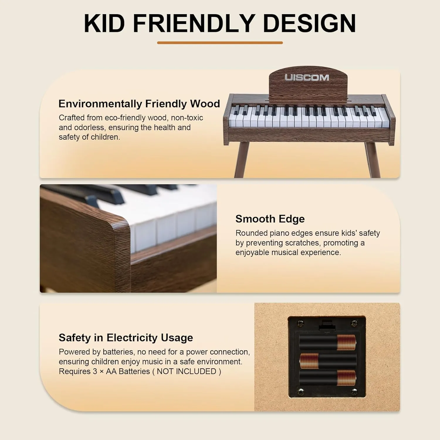 Kids Keyboard Piano, 37 Keys Digital Piano, Toddler Musical Instruments, Wooden Kids Piano with Bench, Toddler Piano for 3  Girls and Boys, Walnut