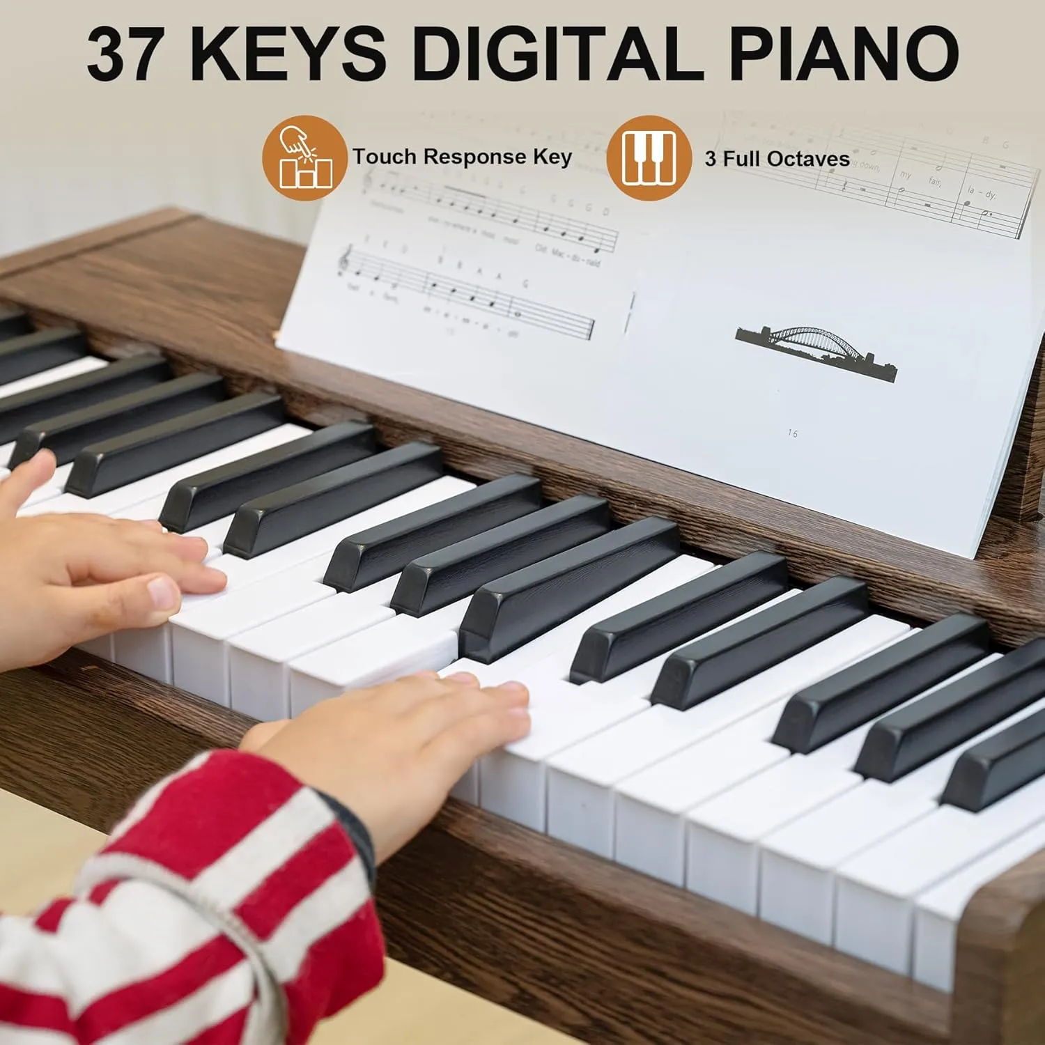 Kids Keyboard Piano, 37 Keys Digital Piano, Toddler Musical Instruments, Wooden Kids Piano with Bench, Toddler Piano for 3  Girls and Boys, Walnut