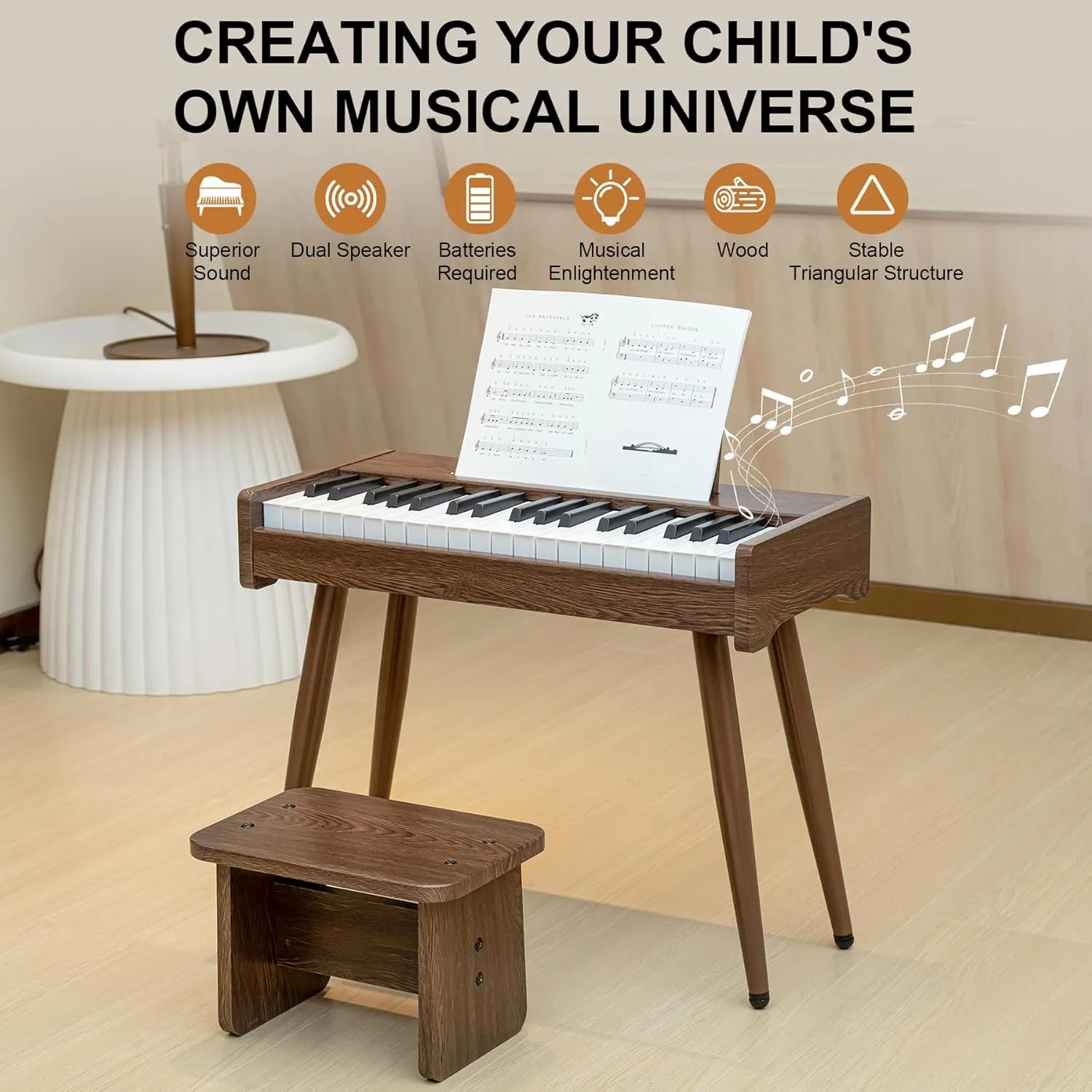 Kids Keyboard Piano, 37 Keys Digital Piano, Toddler Musical Instruments, Wooden Kids Piano with Bench, Toddler Piano for 3  Girls and Boys, Walnut