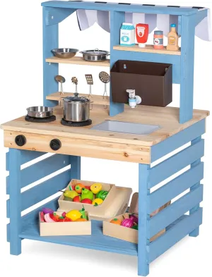 Kids Kitchen Playset, Double-Sided Wooden Outdoor Mud Kitchen w/Realistic Faucet, Removable Sink, Cooking Toys, Menu, Toddler Pretend Play Kitchen, Backyard Mud Table, Gift for Boys Girls