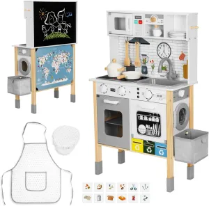 Kids Kitchen Playset with Garbage Classification, Wooden Pretend Play Kitchen with Sound and Light, Kitchen Set for Kids Equipped with Blackboard, Worldmap ect., Gift for Boys and Girls Aged 3 