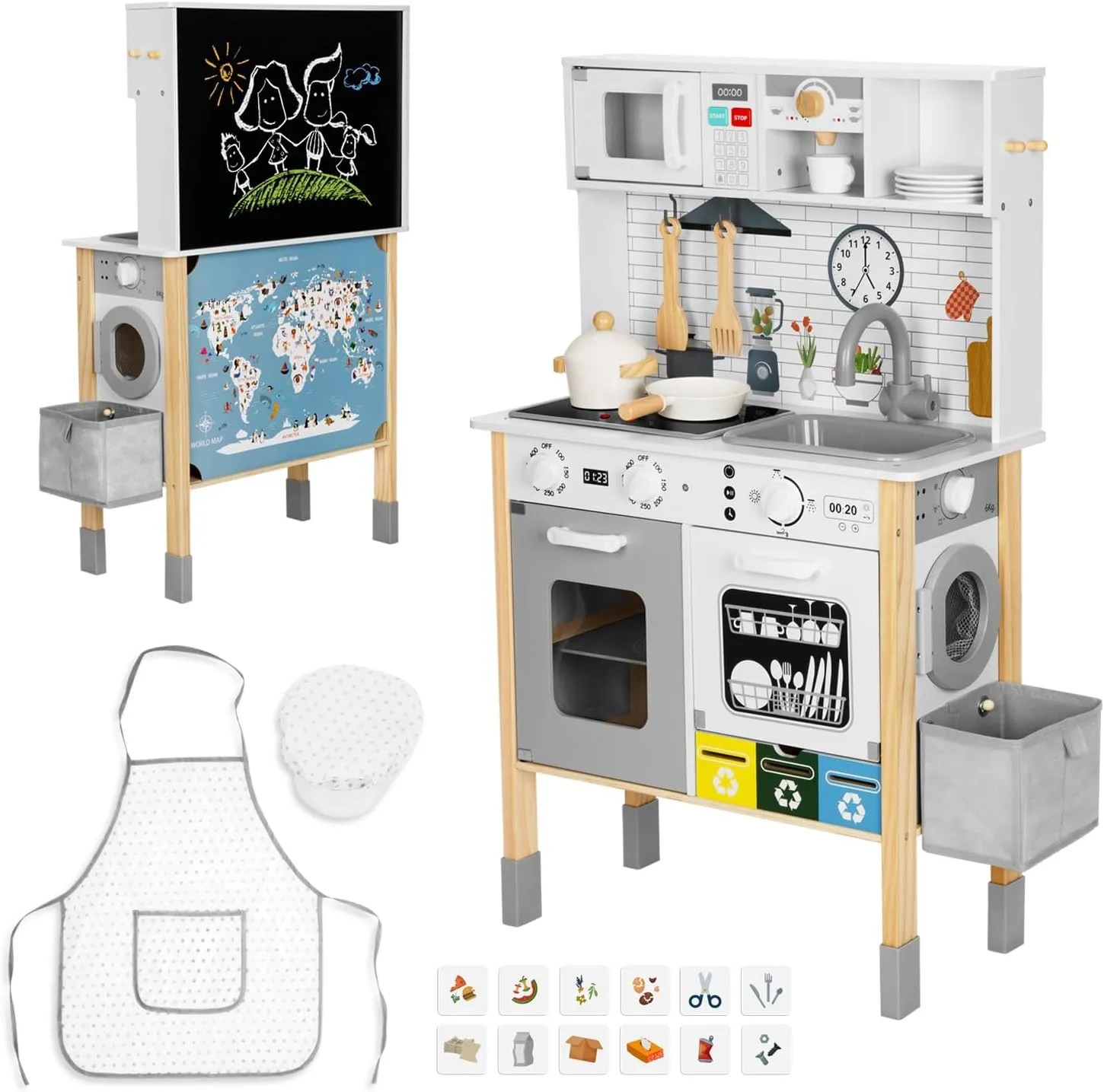 Kids Kitchen Playset with Garbage Classification, Wooden Pretend Play Kitchen with Sound and Light, Kitchen Set for Kids Equipped with Blackboard, Worldmap ect., Gift for Boys and Girls Aged 3 