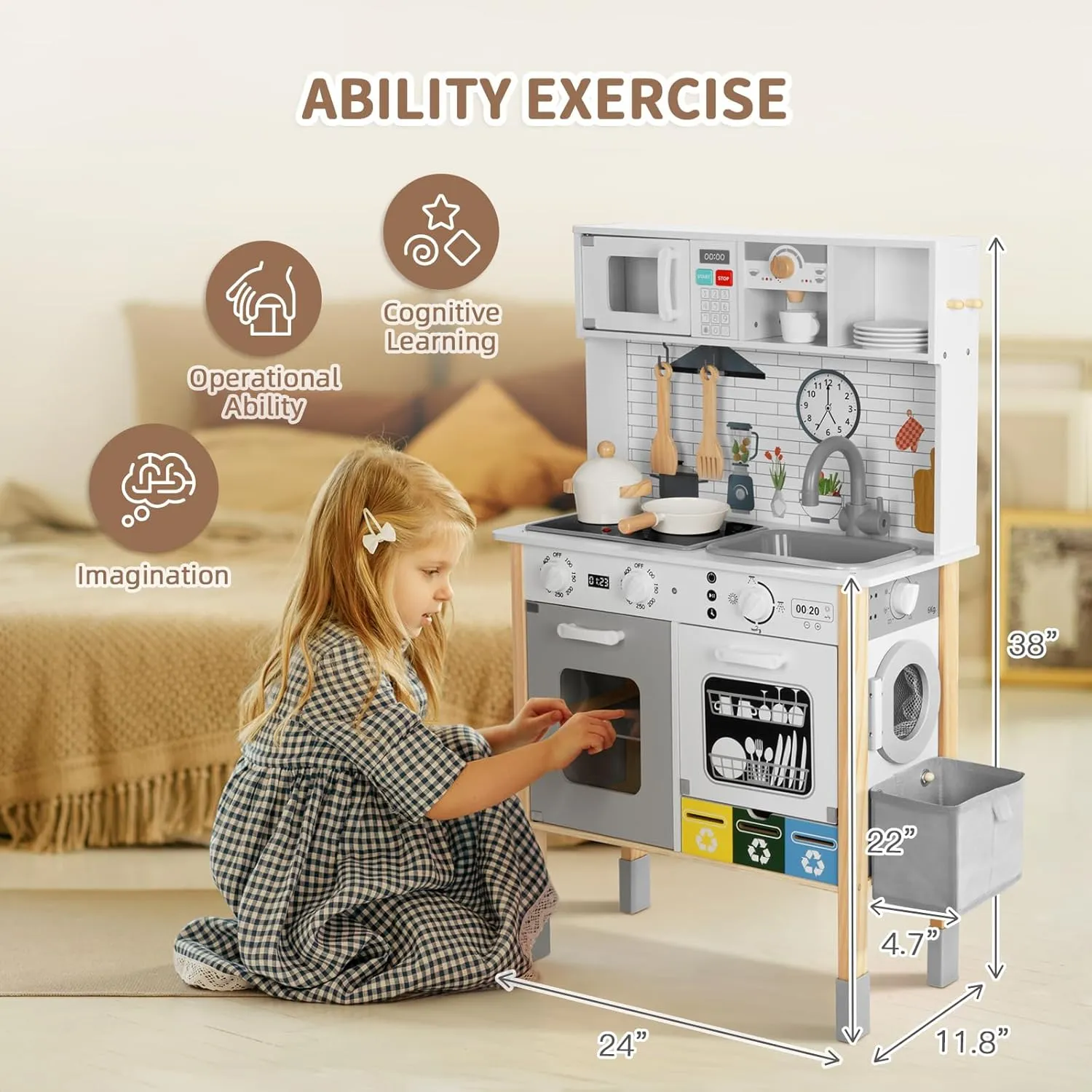 Kids Kitchen Playset with Garbage Classification, Wooden Pretend Play Kitchen with Sound and Light, Kitchen Set for Kids Equipped with Blackboard, Worldmap ect., Gift for Boys and Girls Aged 3 