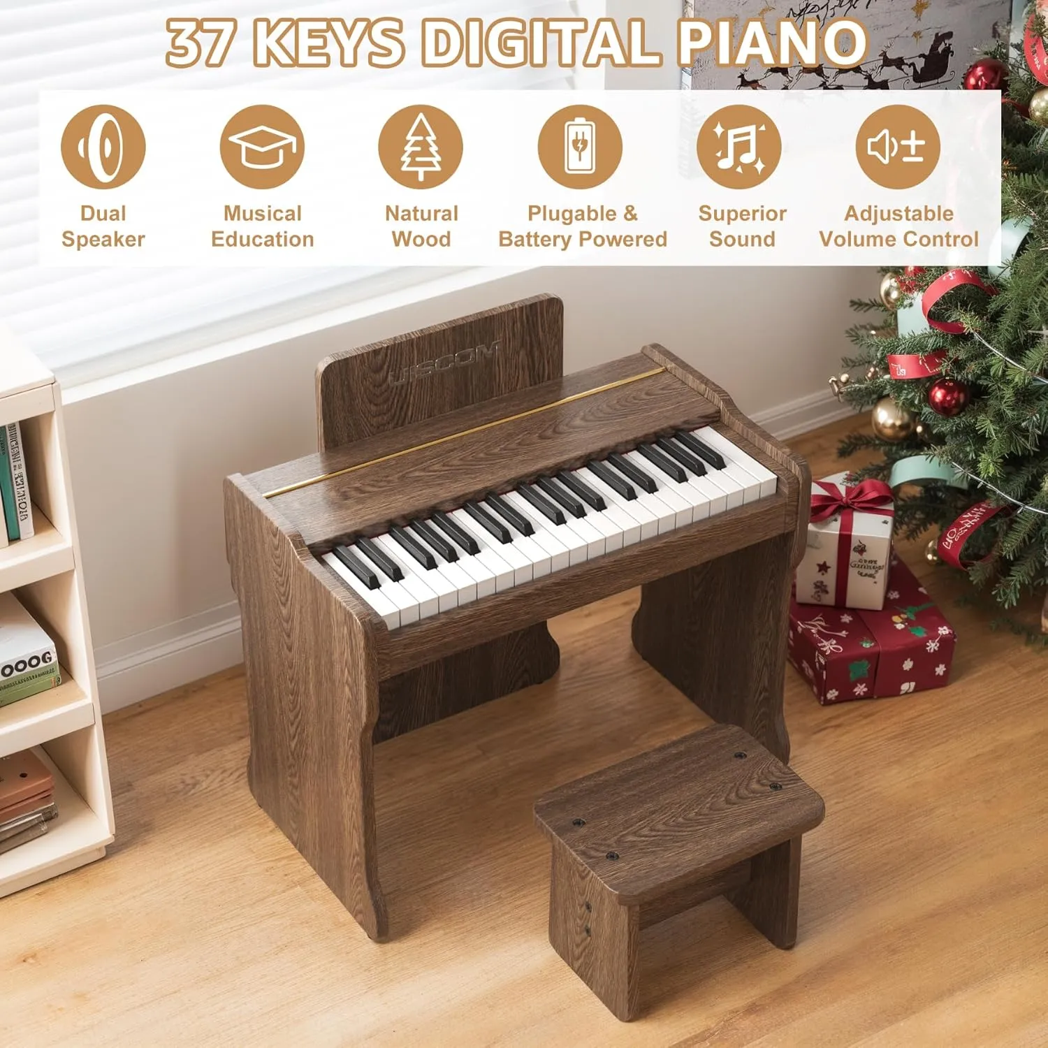 Kids Piano Keyboard, 37 Keys Digital Piano, Toddler Piano for Kids, Mini Baby Piano Toy, Kids Musical Instruments Sets, Wood Piano Keyboard for Kids Ages 3 ,Walnut