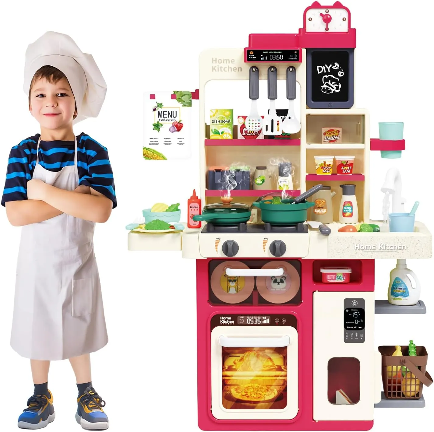 Kids Play Kitchen Toys,Kitchen Playset with Smoke, Sound & Light，Creations Busy Chef's Kitchen Restaurant Playset，Cooking Stove with Steam (825A-1)