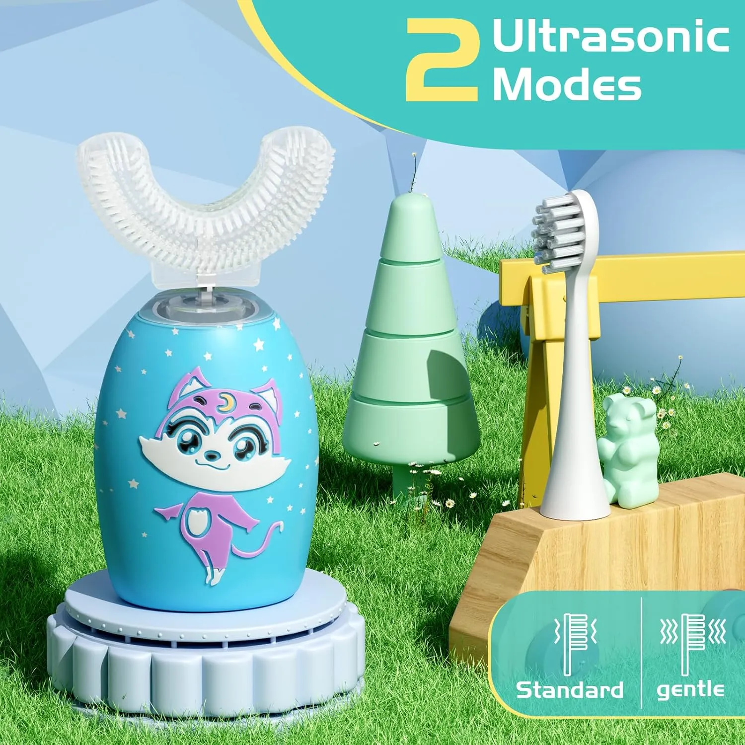Kids Toothbrush Electric, U Shaped Ultrasonic Automatic Toothbrush with 4 Brush Heads, Two Cleaning Modes, Cartoon Modeling Design for Kids, Age 2-12