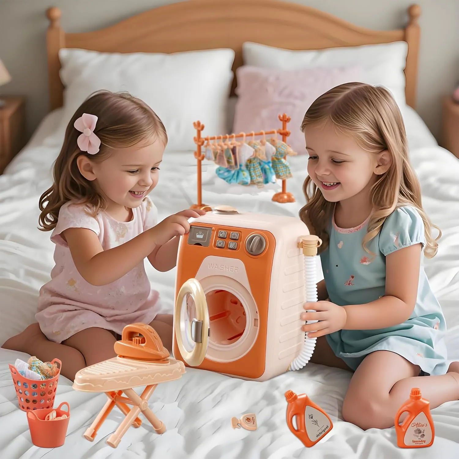 Kids Washing Machine Toy with Real Spin & Dryer - Pretend Play Laundry Set 5 Doll Clothes 5 Clothes Rack and Lights & Sound Effects for Ages 3-8 STEM Learning Gift for Girls and Boys