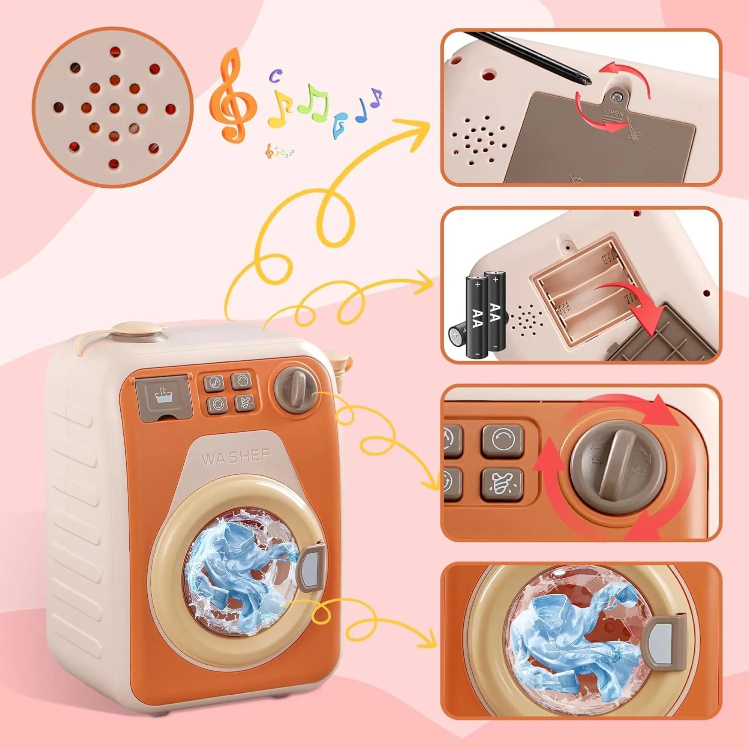 Kids Washing Machine Toy with Real Spin & Dryer - Pretend Play Laundry Set 5 Doll Clothes 5 Clothes Rack and Lights & Sound Effects for Ages 3-8 STEM Learning Gift for Girls and Boys
