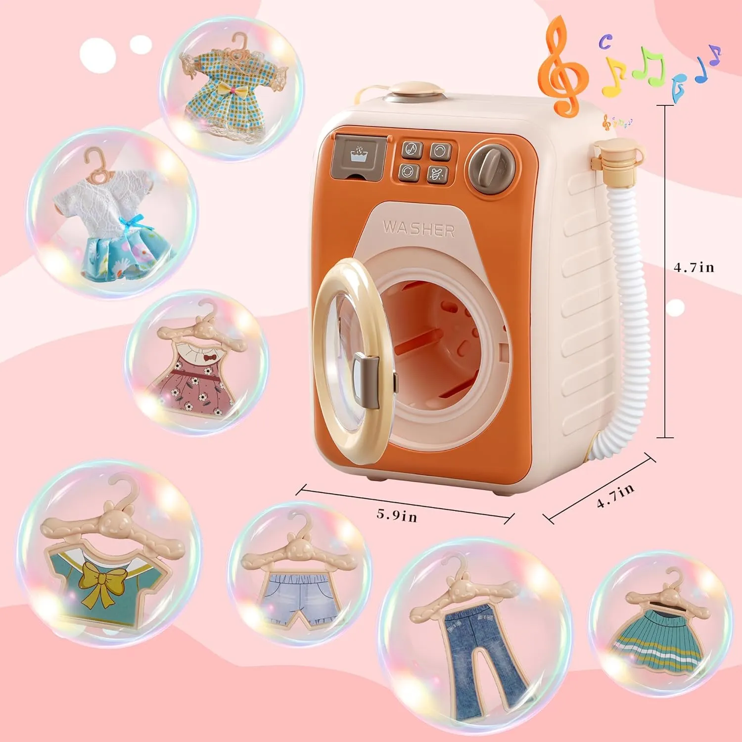 Kids Washing Machine Toy with Real Spin & Dryer - Pretend Play Laundry Set 5 Doll Clothes 5 Clothes Rack and Lights & Sound Effects for Ages 3-8 STEM Learning Gift for Girls and Boys