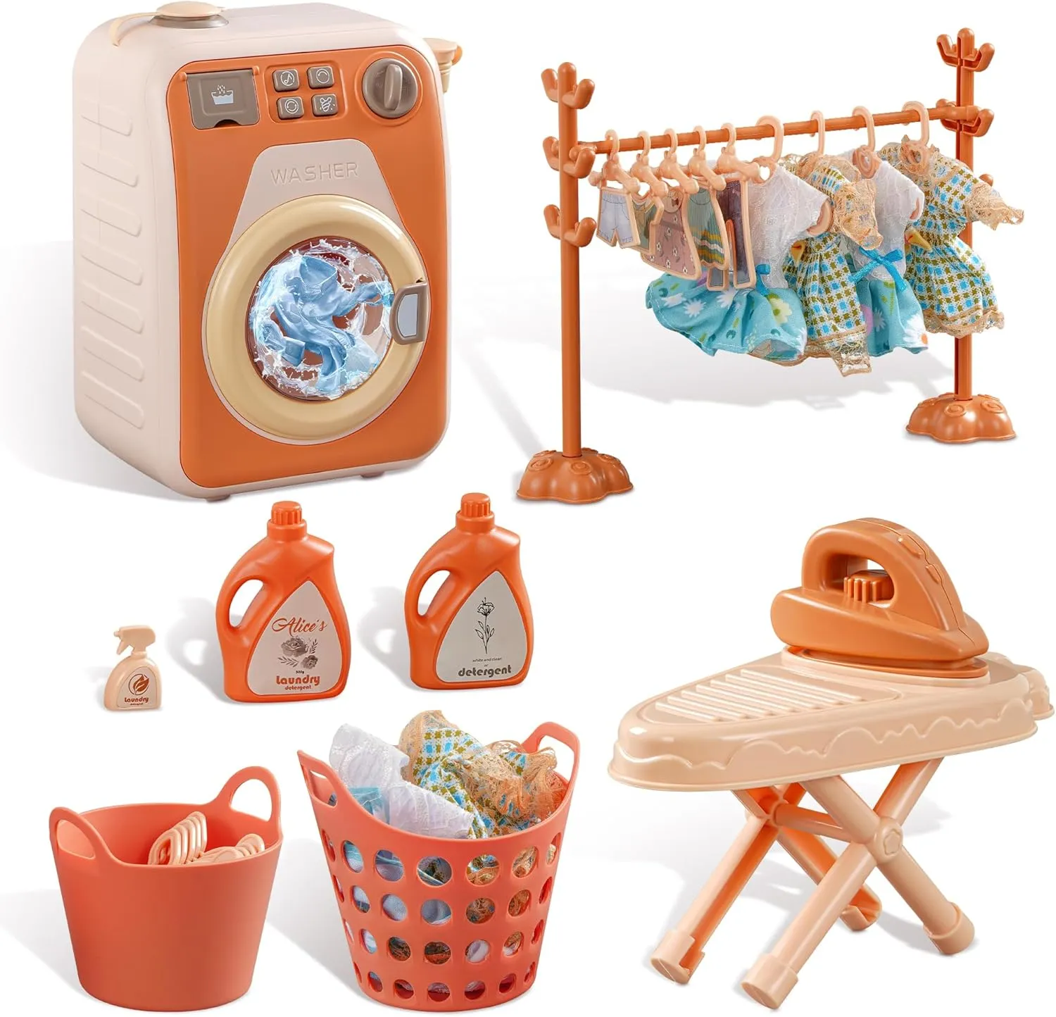 Kids Washing Machine Toy with Real Spin & Dryer - Pretend Play Laundry Set 5 Doll Clothes 5 Clothes Rack and Lights & Sound Effects for Ages 3-8 STEM Learning Gift for Girls and Boys