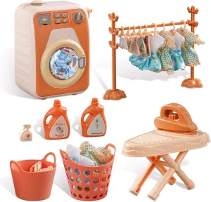 Kids Washing Machine Toy with Real Spin & Dryer - Pretend Play Laundry Set 5 Doll Clothes 5 Clothes Rack and Lights & Sound Effects for Ages 3-8 STEM Learning Gift for Girls and Boys
