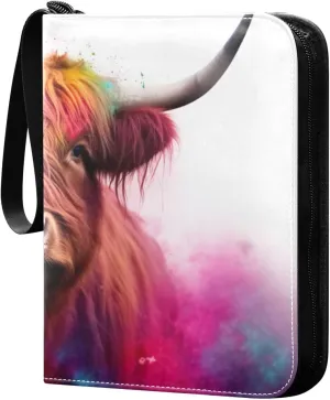 Kigai Trading Card Binder with 50 Sleeves, 400 Pockets PU Zipper Card Collection Binder 4-Pocket Portable Card Folder for Sports Cards, Game Cards (Colorful Highland Cow)