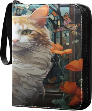 Kigai Trading Card Binder with 50 Sleeves, 400 Pockets PU Zipper Card Collection Binder 4-Pocket Portable Card Folder for Sports Cards, Game Cards (Orange Cat Painting)