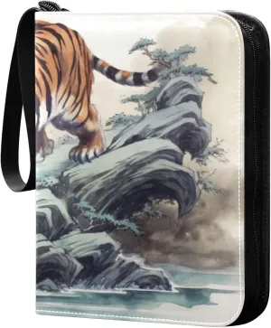 Kigai Trading Card Binder with 50 Sleeves, 400 Pockets PU Zipper Card Collection Binder 4-Pocket Portable Card Folder for Sports Cards, Game Cards (Vintage Tiger Painting)
