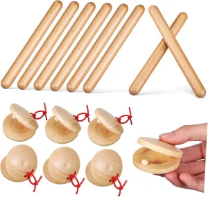 Kisangel 4 Pairs Wooden Rhythm Sticks and Castanets Percussion Instruments for Early Education Smooth Surface for for Ages Months and Up