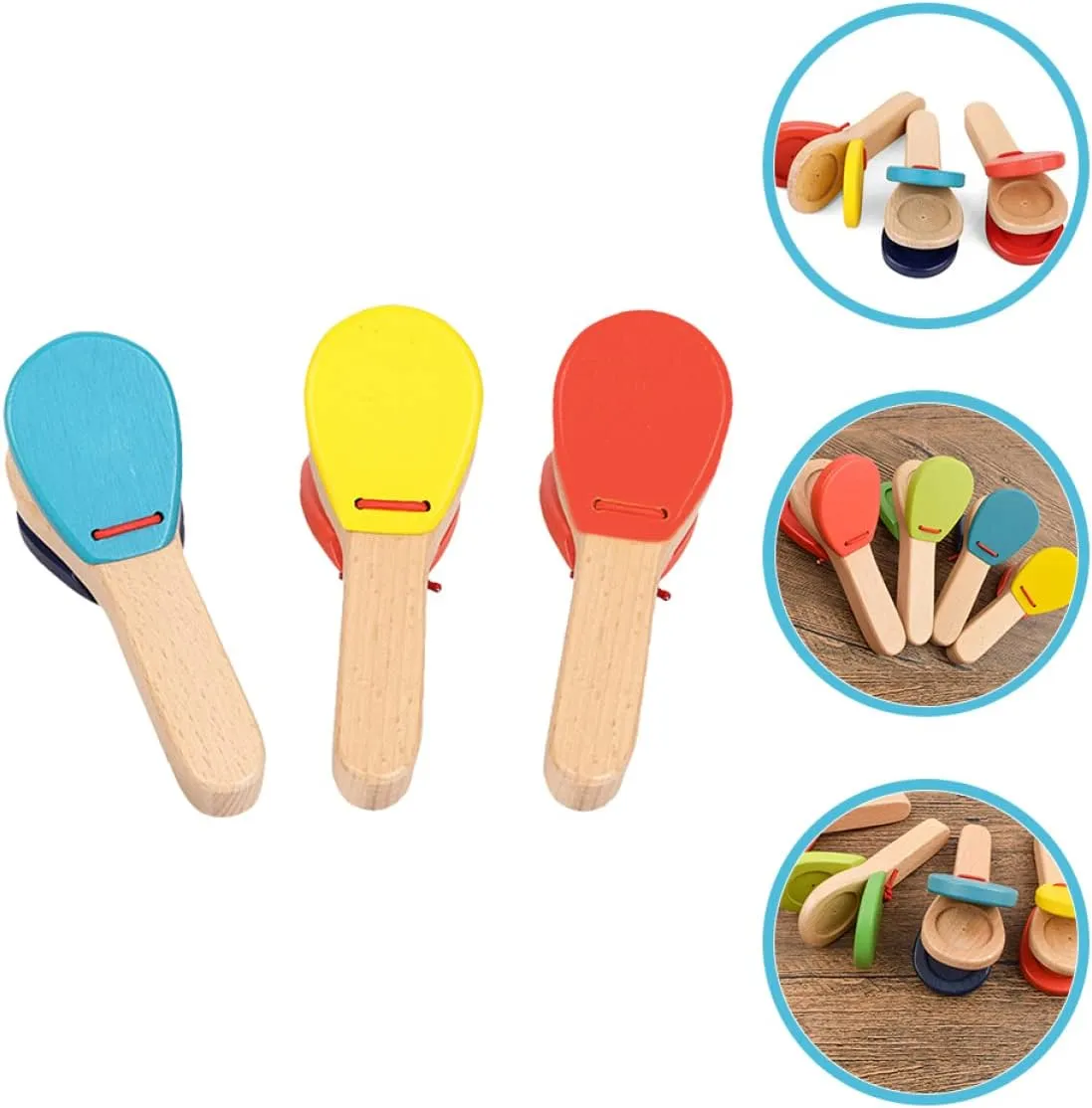 Kisangel 6Pcs Wooden Baby Castanet Musical Education Toys Percussion Handle Clapper for Kids Castanets Instrument Toy