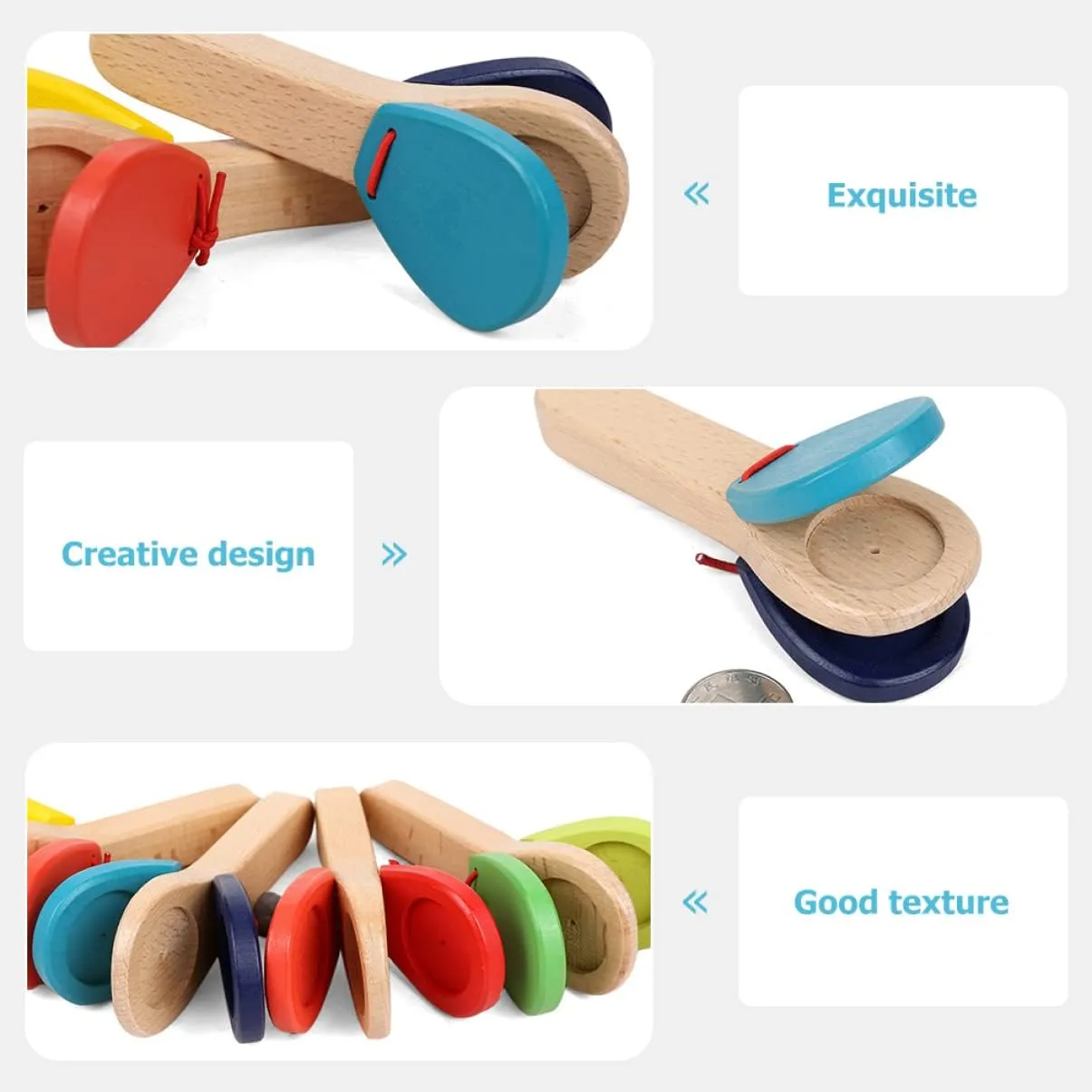 Kisangel 6Pcs Wooden Baby Castanet Musical Education Toys Percussion Handle Clapper for Kids Castanets Instrument Toy