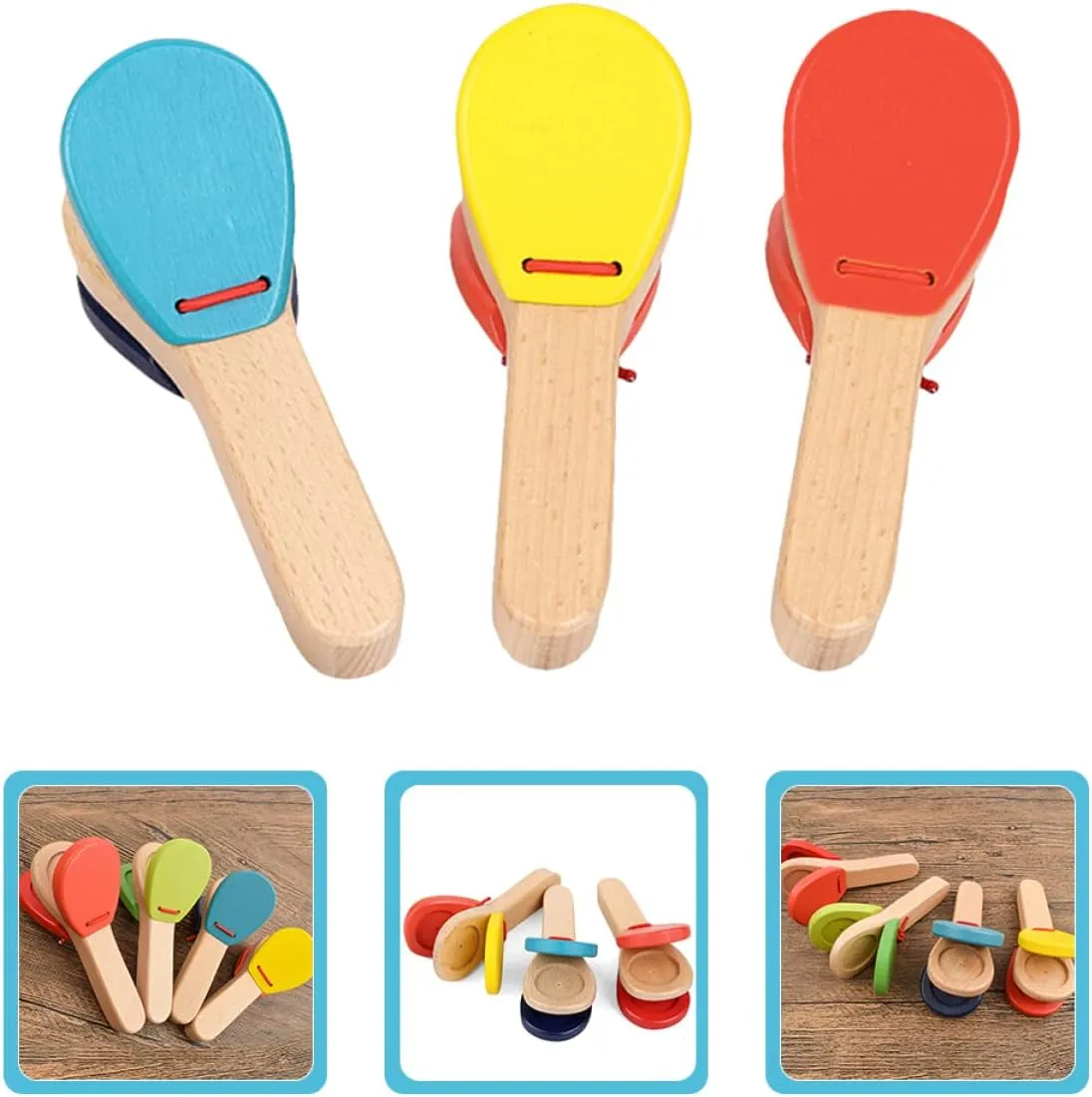 Kisangel 6Pcs Wooden Baby Castanet Musical Education Toys Percussion Handle Clapper for Kids Castanets Instrument Toy