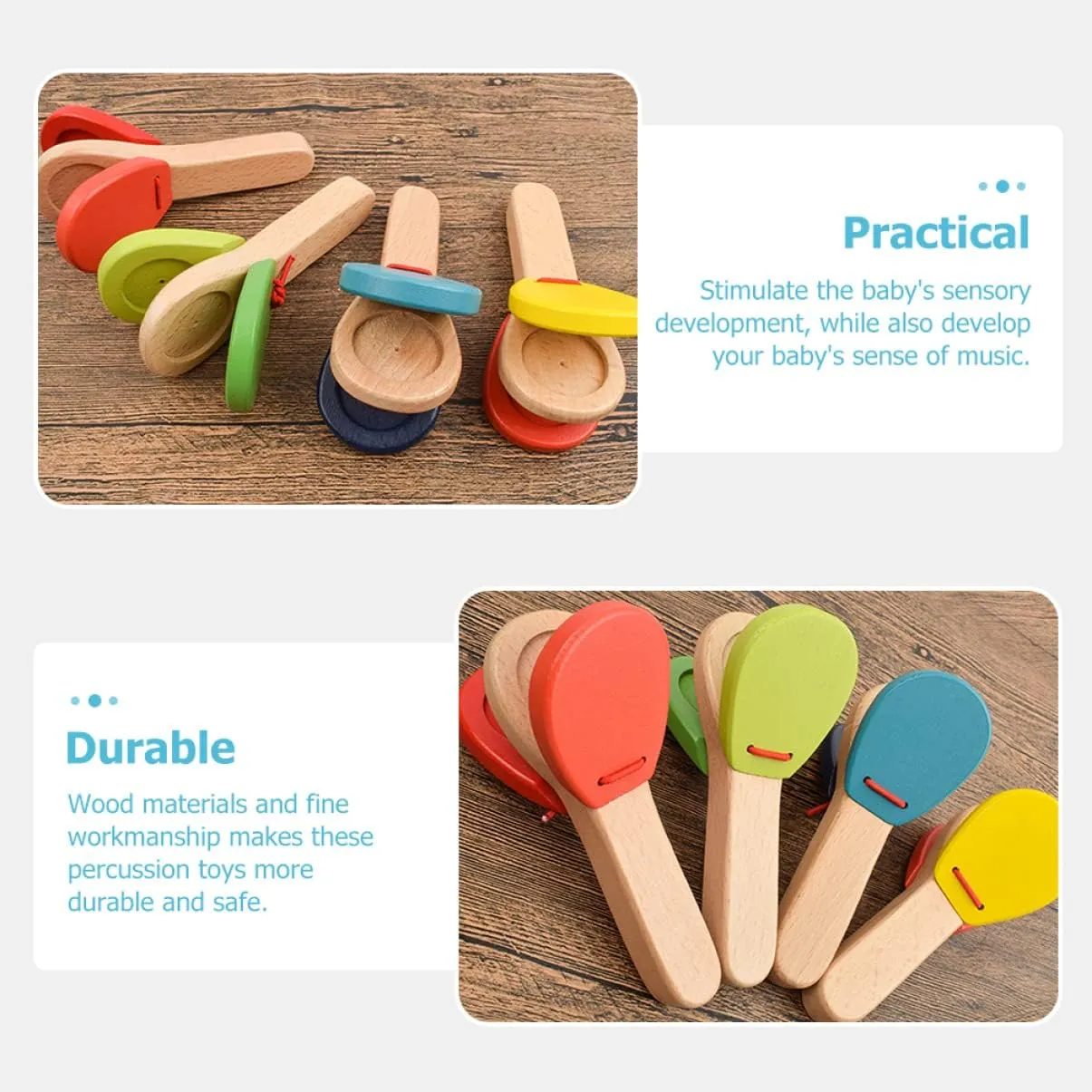 Kisangel 6Pcs Wooden Baby Castanet Musical Education Toys Percussion Handle Clapper for Kids Castanets Instrument Toy