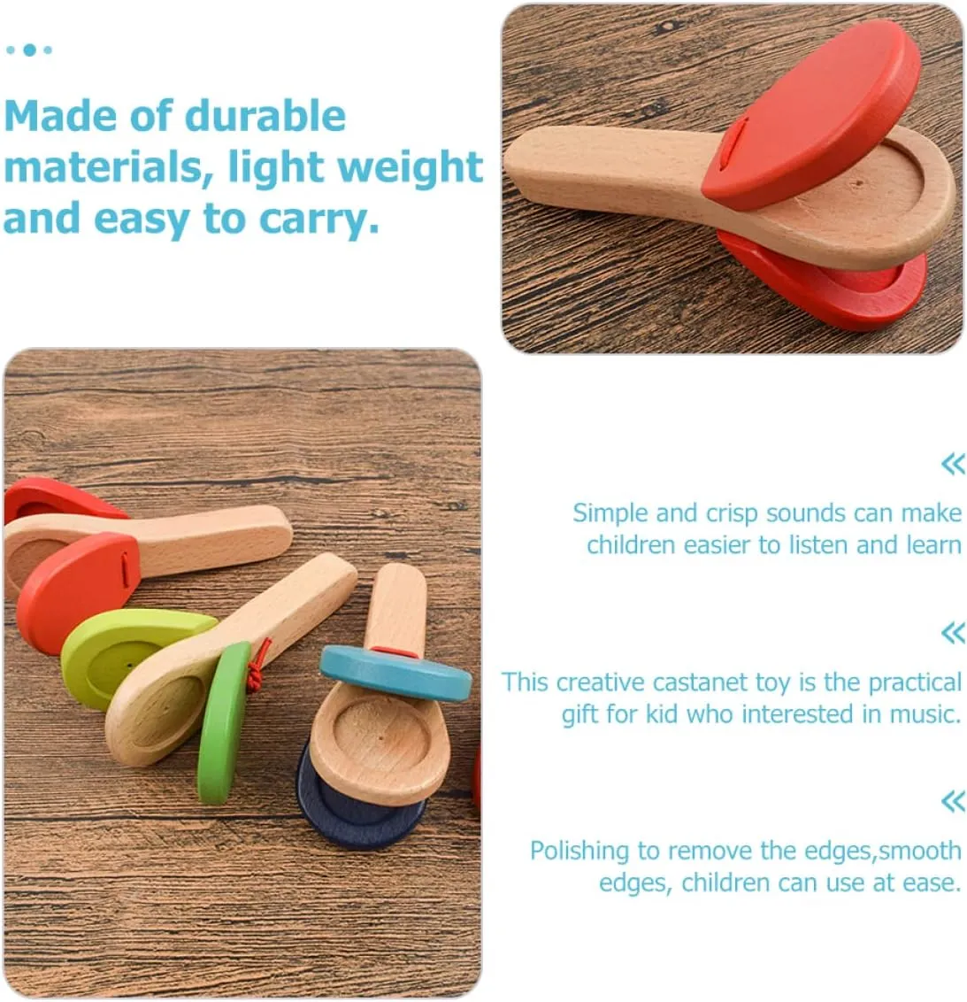 Kisangel 6Pcs Wooden Baby Castanet Musical Education Toys Percussion Handle Clapper for Kids Castanets Instrument Toy