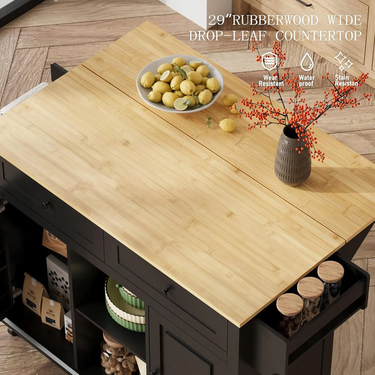 Kitchen Island with Storage on Wheels, 53" Large Rolling Kitchen Island with Drop Leaf, Mobile Kitchen Islands Cart with Rubberwood Tabletop, Open-Shelf, Islands Table (Black, 2 Drawers)