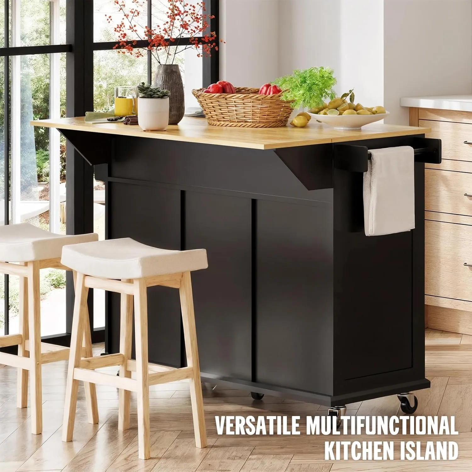 Kitchen Island with Storage on Wheels, 53" Large Rolling Kitchen Island with Drop Leaf, Mobile Kitchen Islands Cart with Rubberwood Tabletop, Open-Shelf, Islands Table (Black, 2 Drawers)