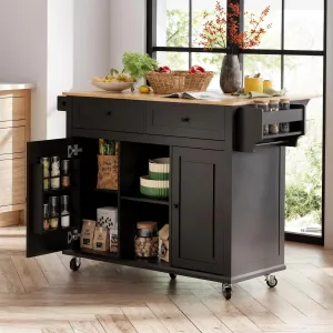Kitchen Island with Storage on Wheels, 53" Large Rolling Kitchen Island with Drop Leaf, Mobile Kitchen Islands Cart with Rubberwood Tabletop, Open-Shelf, Islands Table (Black, 2 Drawers)