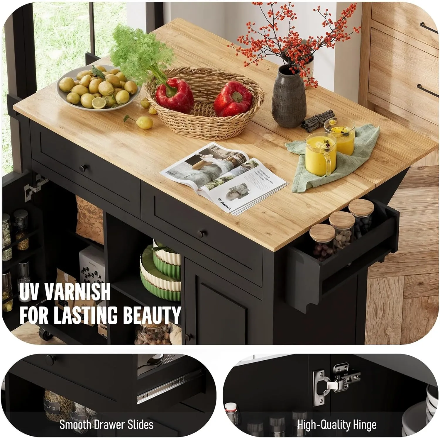 Kitchen Island with Storage on Wheels, 53" Large Rolling Kitchen Island with Drop Leaf, Mobile Kitchen Islands Cart with Rubberwood Tabletop, Open-Shelf, Islands Table (Black, 2 Drawers)