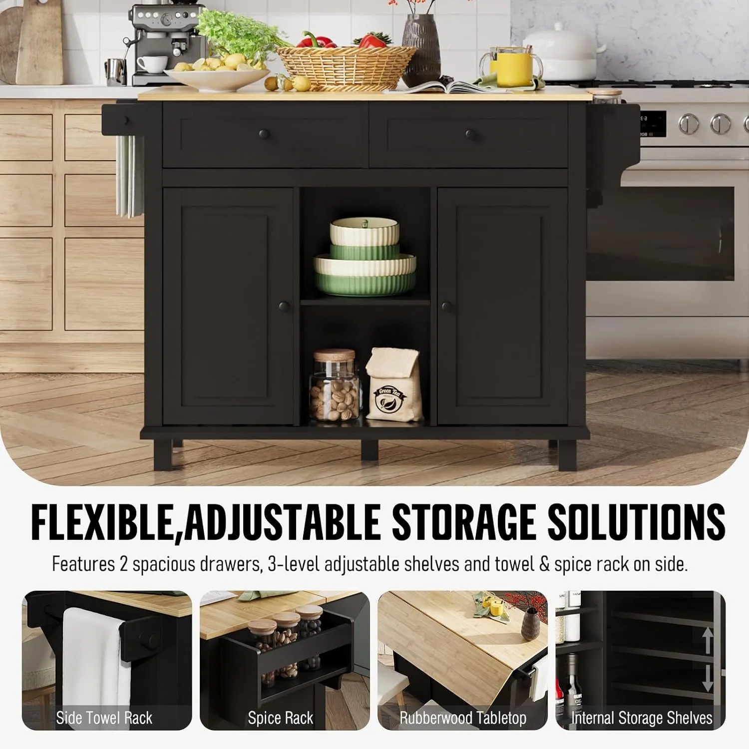 Kitchen Island with Storage on Wheels, 53" Large Rolling Kitchen Island with Drop Leaf, Mobile Kitchen Islands Cart with Rubberwood Tabletop, Open-Shelf, Islands Table (Black, 2 Drawers)