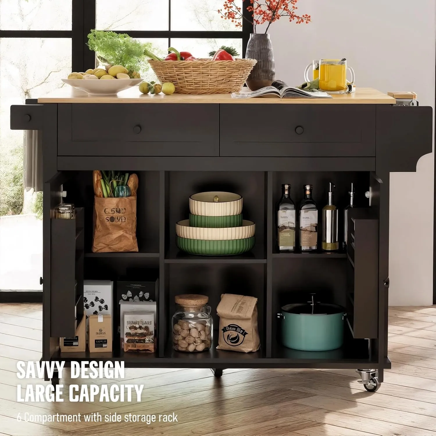 Kitchen Island with Storage on Wheels, 53" Large Rolling Kitchen Island with Drop Leaf, Mobile Kitchen Islands Cart with Rubberwood Tabletop, Open-Shelf, Islands Table (Black, 2 Drawers)