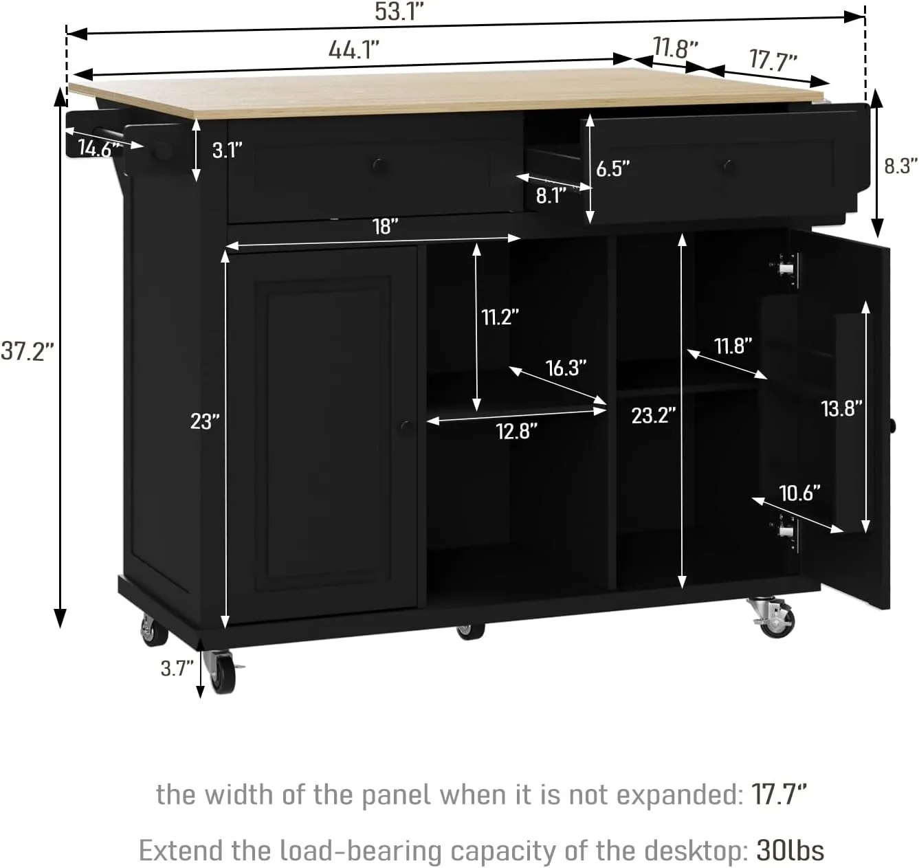 Kitchen Island with Storage on Wheels, 53" Large Rolling Kitchen Island with Drop Leaf, Mobile Kitchen Islands Cart with Rubberwood Tabletop, Open-Shelf, Islands Table (Black, 2 Drawers)