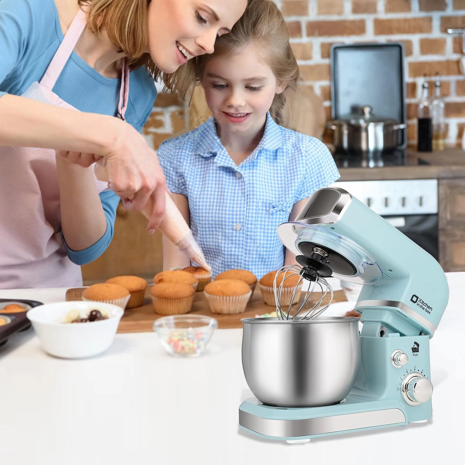 Kitchen in the box Stand Mixer,3.2Qt Small Electric Food Mixer,6 Speeds Portable Lightweight Kitchen Mixer for Daily Use with Egg Whisk,Dough Hook,Flat Beater (Blue) (Renewed)