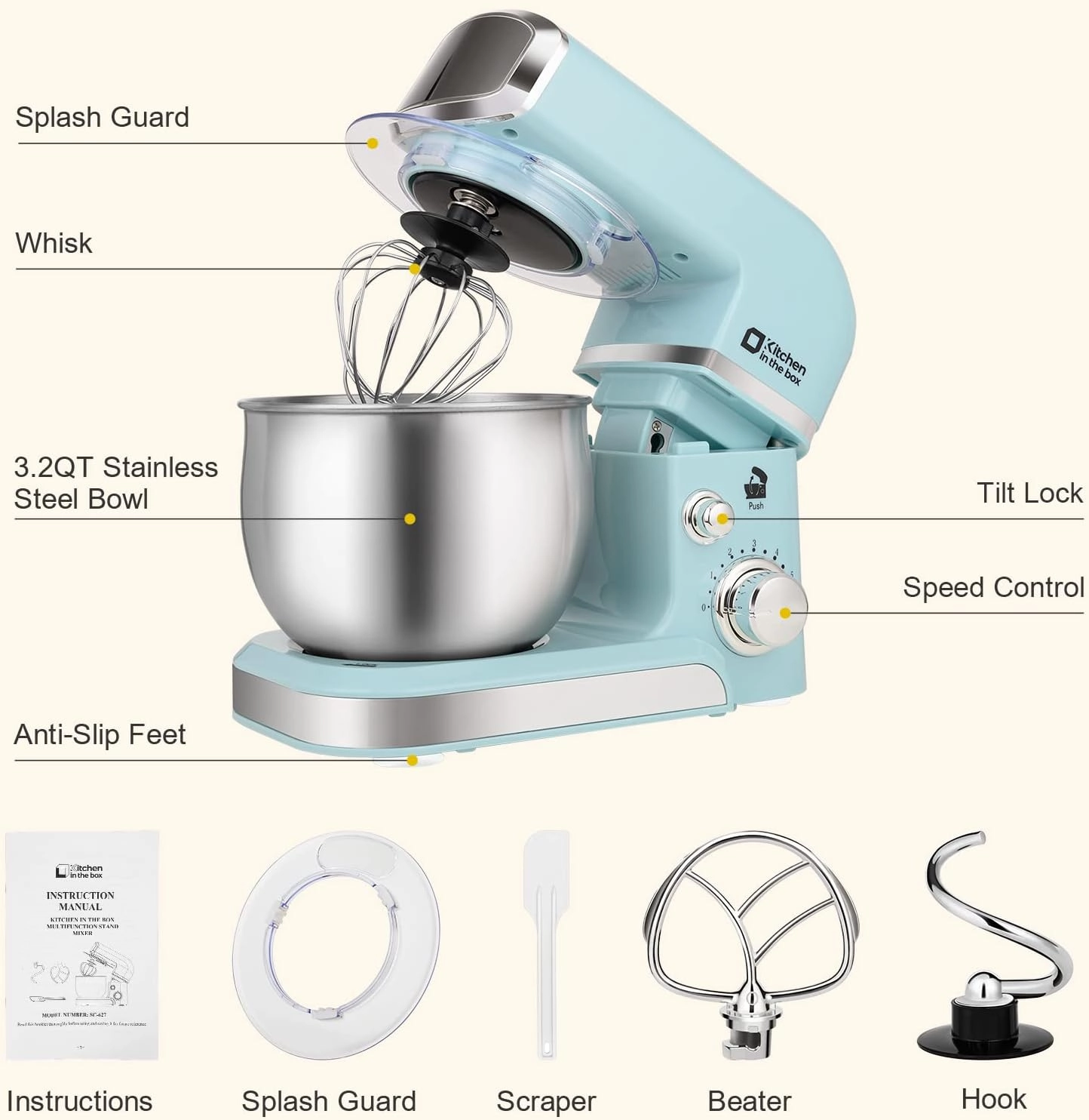 Kitchen in the box Stand Mixer,3.2Qt Small Electric Food Mixer,6 Speeds Portable Lightweight Kitchen Mixer for Daily Use with Egg Whisk,Dough Hook,Flat Beater (Blue) (Renewed)
