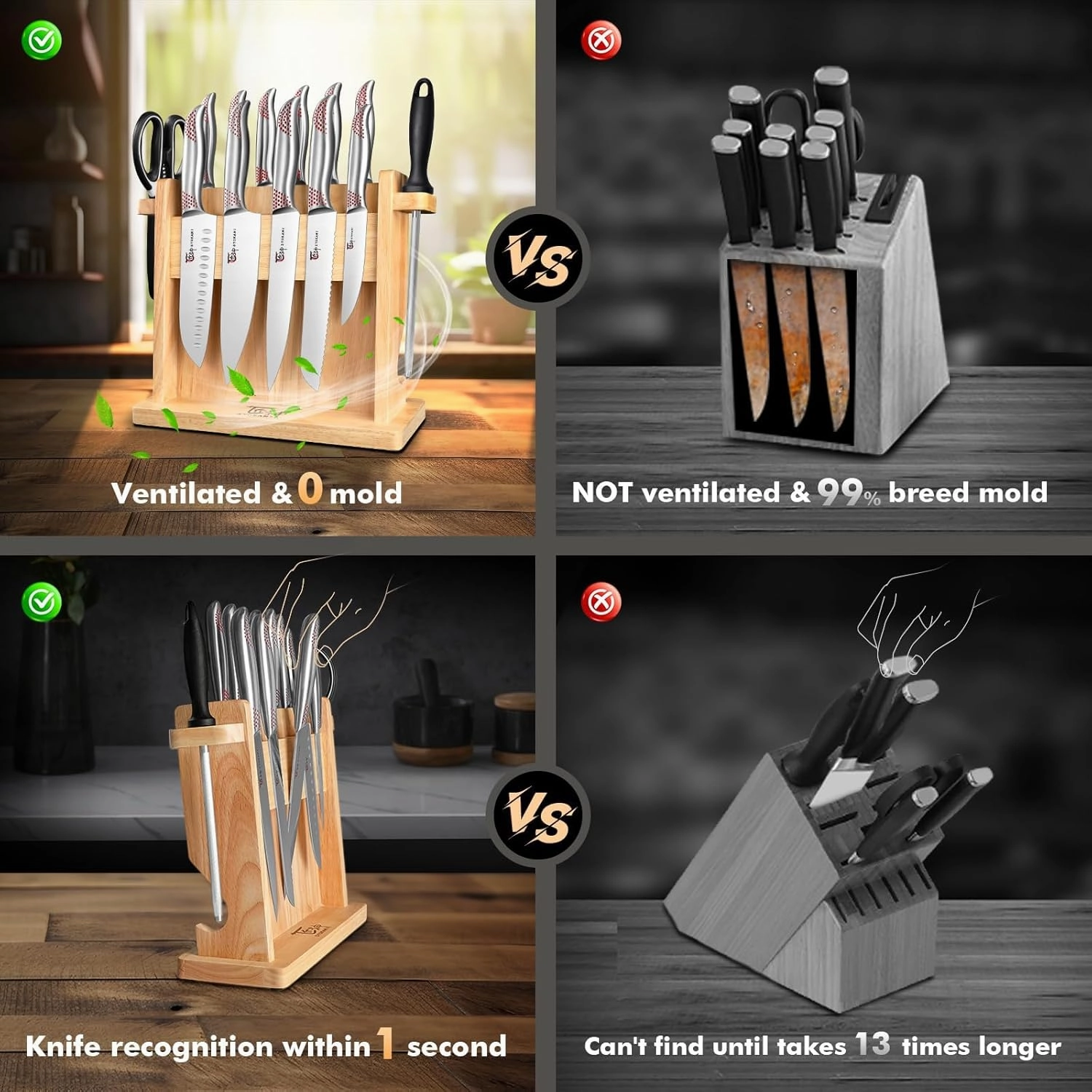 Kitchen Knife Set, 14 Pieces Japanese Style Knife Block Set With Wooden Block, High Carbon Stainless Steel Ultra Sharp Knives With Ergonomic Handle, Including Honing Steel and Shears, Red Dot