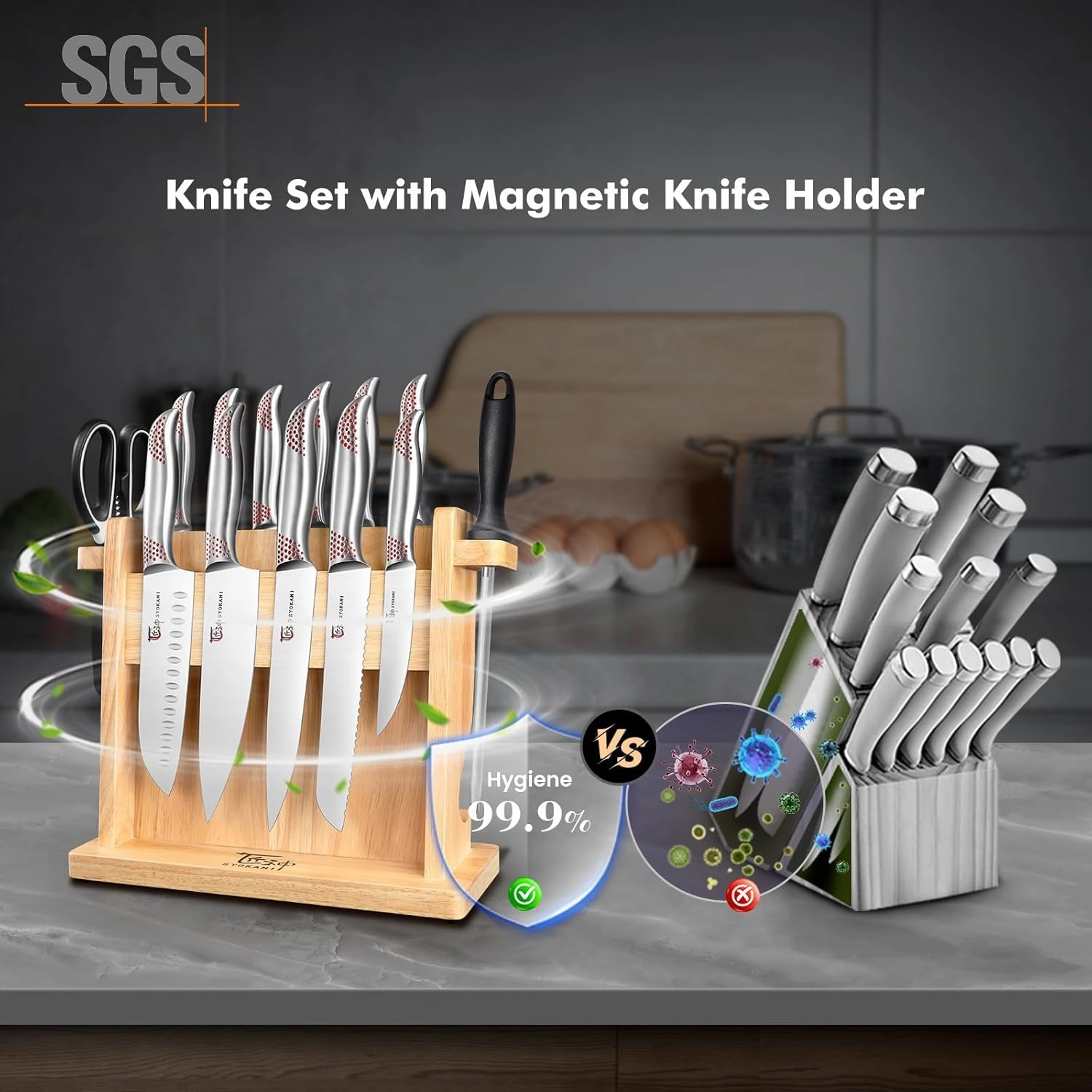 Kitchen Knife Set, 14 Pieces Japanese Style Knife Block Set With Wooden Block, High Carbon Stainless Steel Ultra Sharp Knives With Ergonomic Handle, Including Honing Steel and Shears, Red Dot