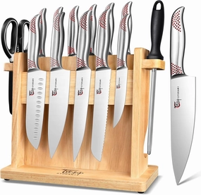 Kitchen Knife Set, 14 Pieces Japanese Style Knife Block Set With Wooden Block, High Carbon Stainless Steel Ultra Sharp Knives With Ergonomic Handle, Including Honing Steel and Shears, Red Dot
