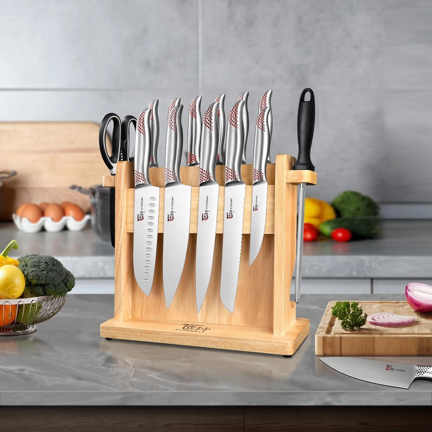 Kitchen Knife Set, 14 Pieces Japanese Style Knife Block Set With Wooden Block, High Carbon Stainless Steel Ultra Sharp Knives With Ergonomic Handle, Including Honing Steel and Shears, Red Dot