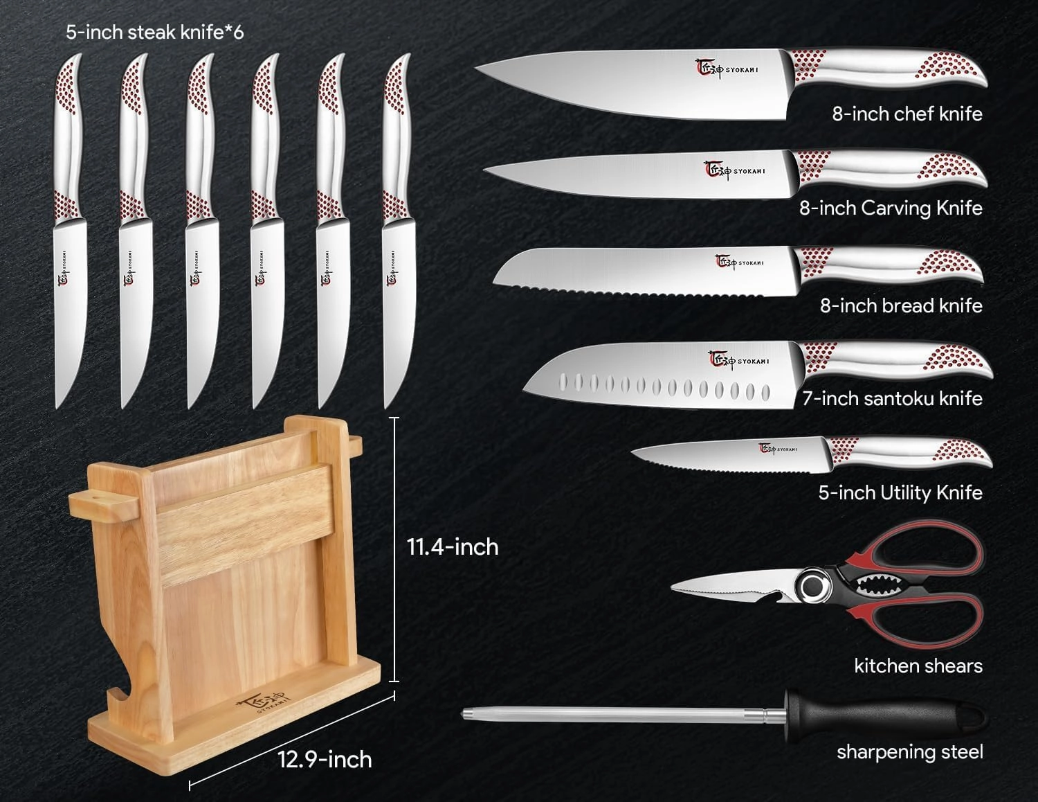 Kitchen Knife Set, 14 Pieces Japanese Style Knife Block Set With Wooden Block, High Carbon Stainless Steel Ultra Sharp Knives With Ergonomic Handle, Including Honing Steel and Shears, Red Dot
