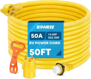 Kohree 50' RV Extension Cord 50 Amp Generator Cord, 50 Amp RV Power Cord with Grip Handle, NEMA 14-50P to SS2-50R Twist Lock, 30M/50F Adapter Included, 6/3 8/1 Gauge STW Wire, ETL Listed