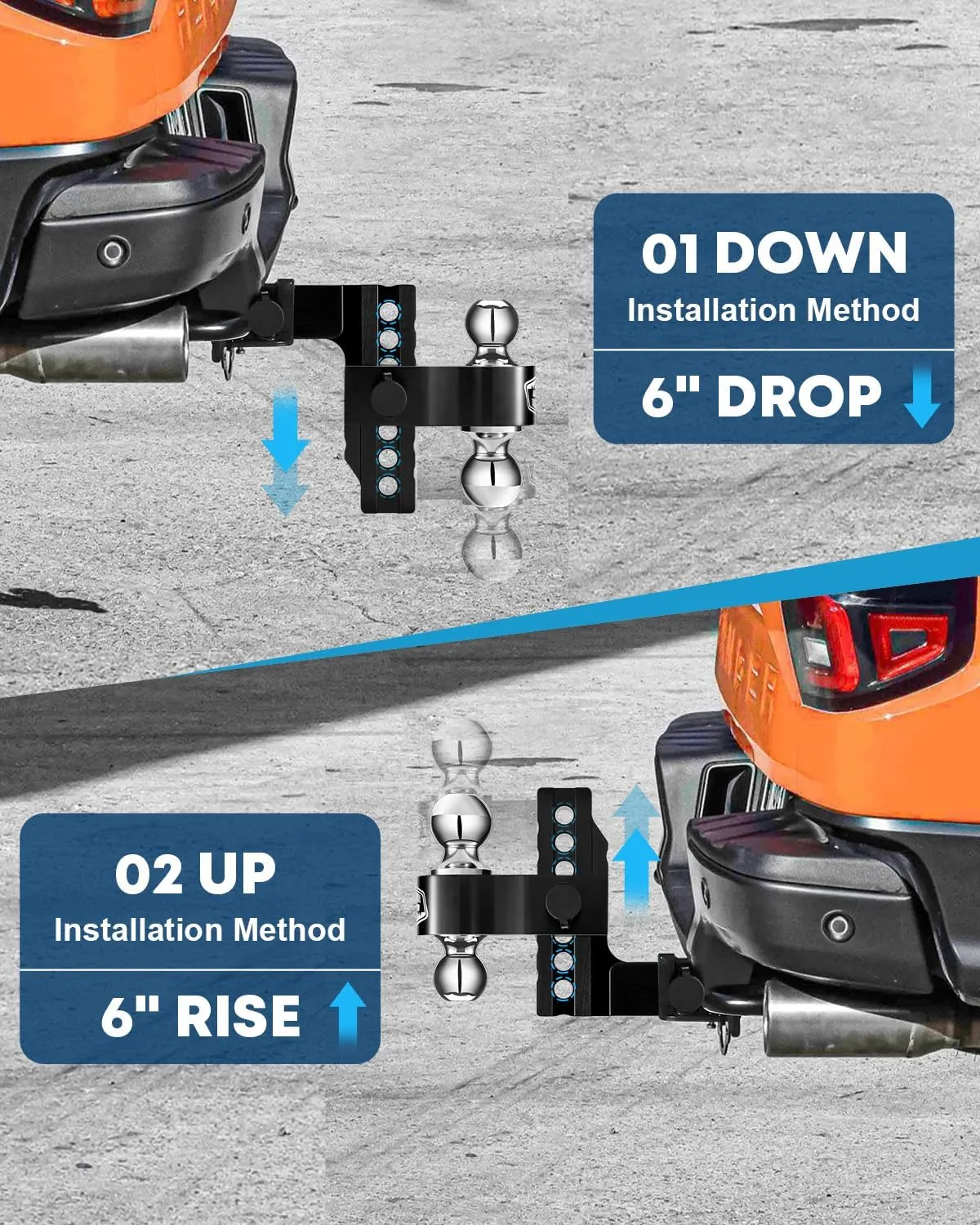 Kohree 6" Adjustable Trailer Hitch Fit 2 Inch Receiver, Dual Solid Ball 2" and 2-5/16"(12,500 LBS GTW), Drop & Rise Heavy Duty Aluminum Tow Hitch with 4 Silencer Pads & 2 Locking Hitch Pin, Black